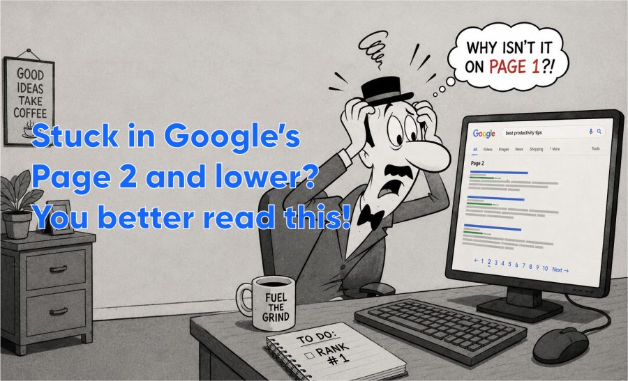 cover image for the article "Why Your Page Ranks on Page 2 Forever (and How to Break Through)" faturing a gut grabbing his head and wondering why he can't get past page 2 of Google results