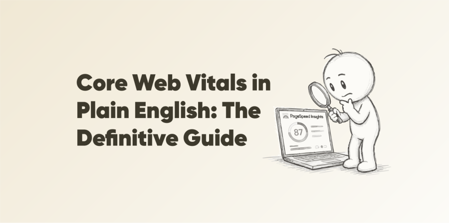 Cover image for the article Core Web Vitals in Plain English: The Definitive Guide, displaying a cartoon guy researching on Google Page Speed Insights