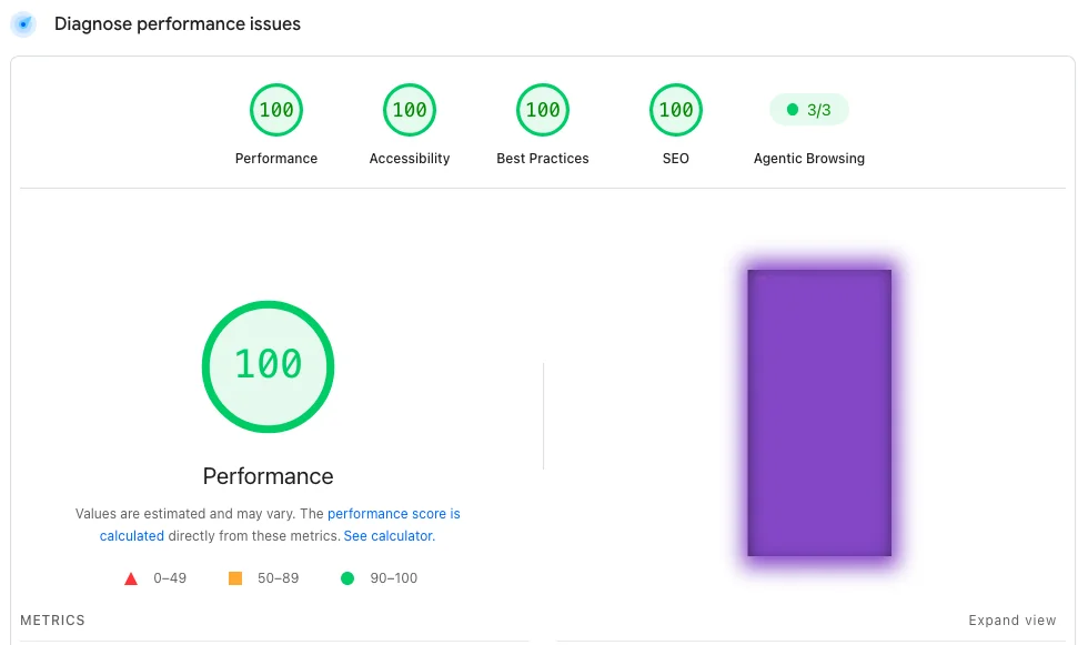 Example of Page Speed Insights Core Web Vitals with all 100 rating for one of our clients. You can also see the new Agentic Browser readiness stats with 3/3